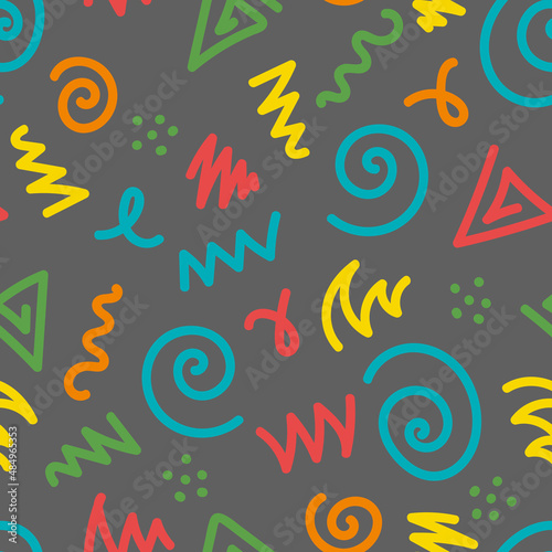 Vector colourful drawn shapes seamless pattern background. Ideal for children. Perfect for fabric, wallpaper, wrapping, scrapbooking and stationery. Surface pattern design.