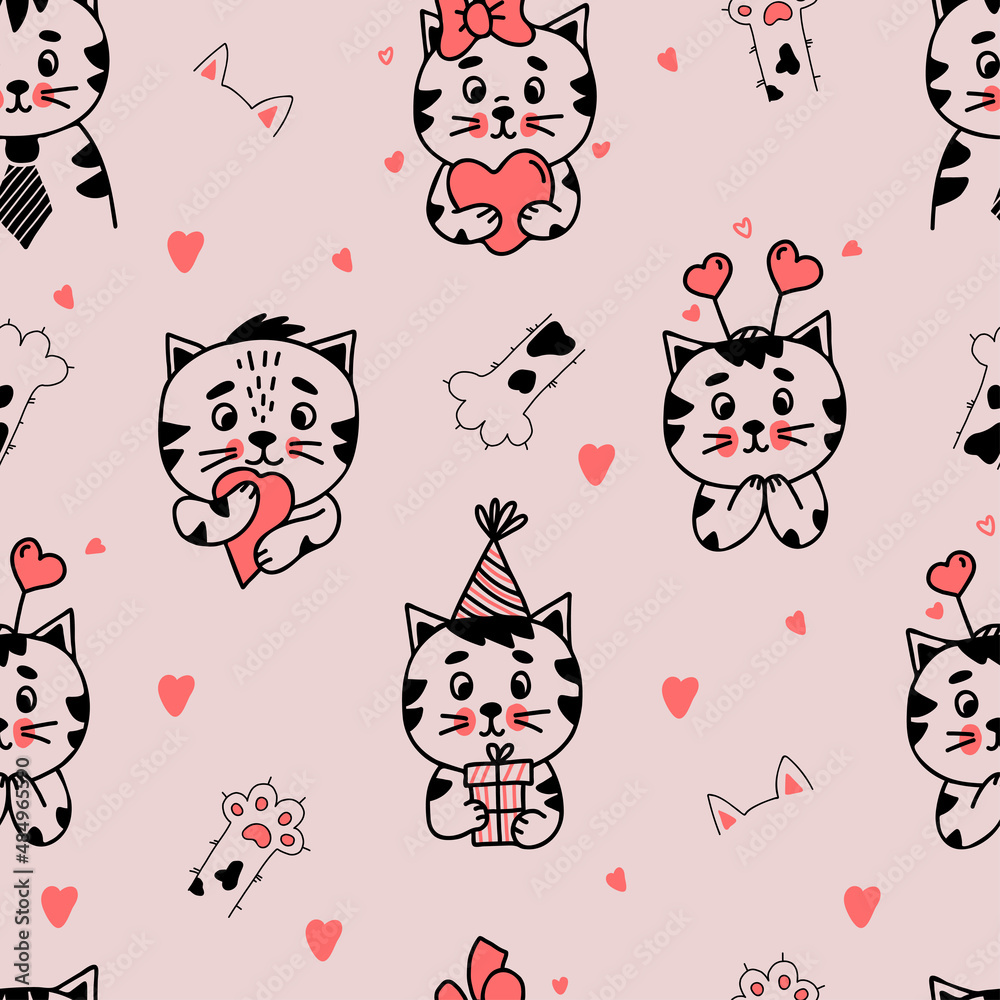 Seamless pattern. Cute different cat characters with gifts and hearts on light pink background with cat paws and ears. Vector illustration in hand drawn linear doodle style for design and decoration
