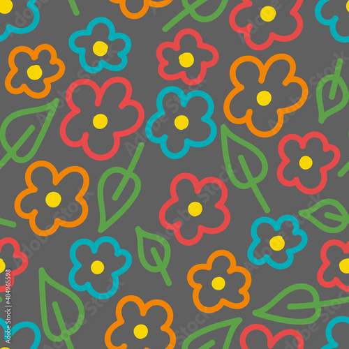 Vector colourful drawn flowers seamless pattern background. Ideal for children. Perfect for fabric, wallpaper, wrapping, scrapbooking and stationery. Surface pattern design.