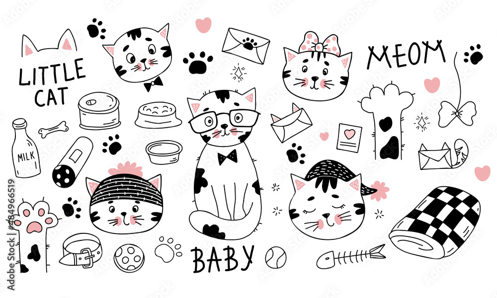 Fototapeta premium Cats characters in winter hat and glasses, a sleeping kitten in nightcap, boy in tie and girl with bow, with cat food and toys, rainbow and paw. Vector illustration. Isolated linear hand drawn doodles