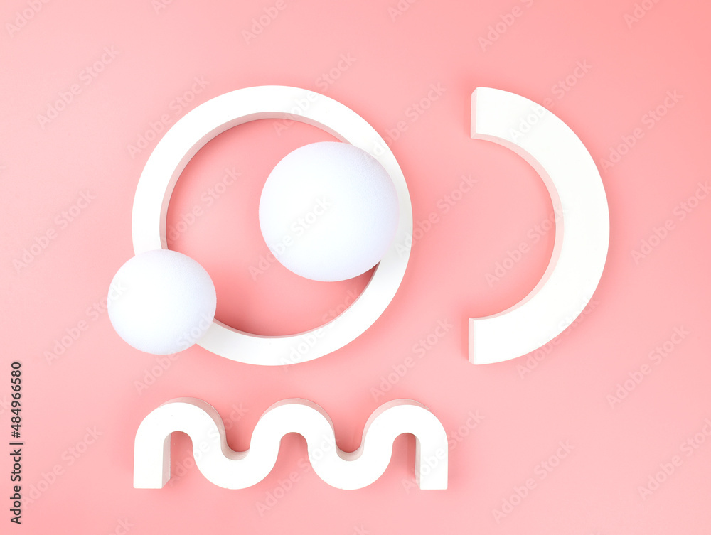 Gypsum figures of different shapes on a pink background top view. Abstract background with geometric shapes for product presentation. Composition of figures to show cosmetic products. Gypsum figures of different shapes on a pink background top view. Abstract background with geometric shapes for product presentation. Composition of figures to show cosmetic products.
