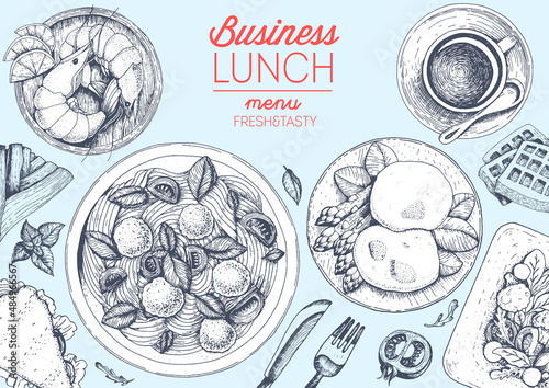 Business lunch top view frame. Food menu design. Vintage hand drawn sketch vector illustration.