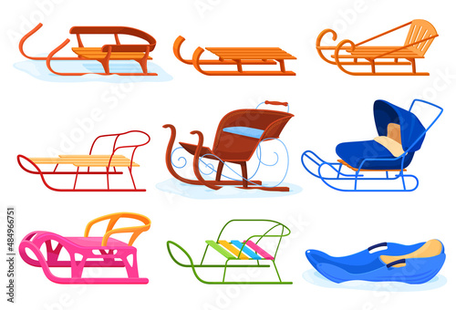 Various children s sledges collection vector flat illustration. Snow wooden plastic metallic sledge