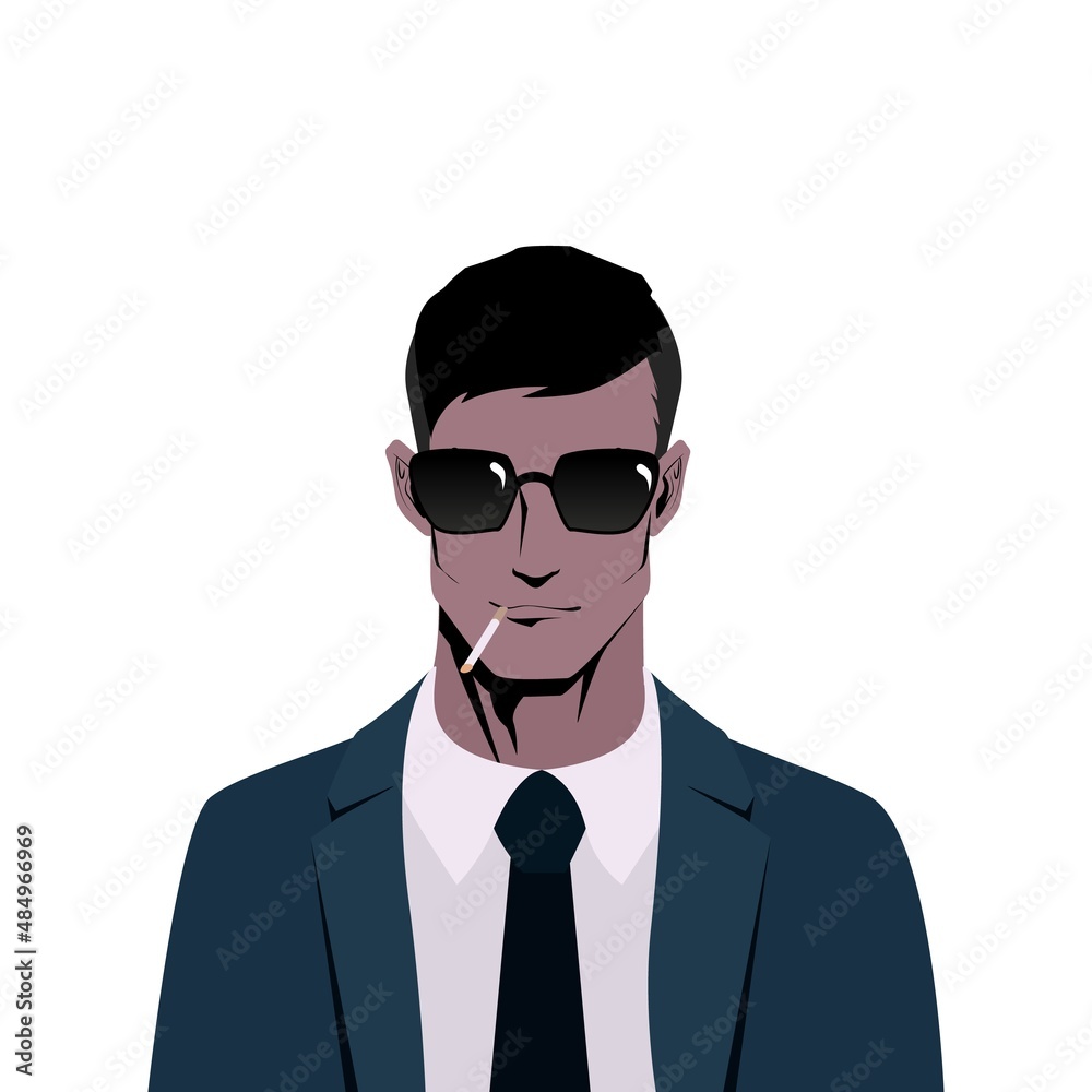 Secret agent, spy, security guard, policeman wearing sunglasses and businesssuit. Portrait of dark haired man smoking a cigarette, front view.