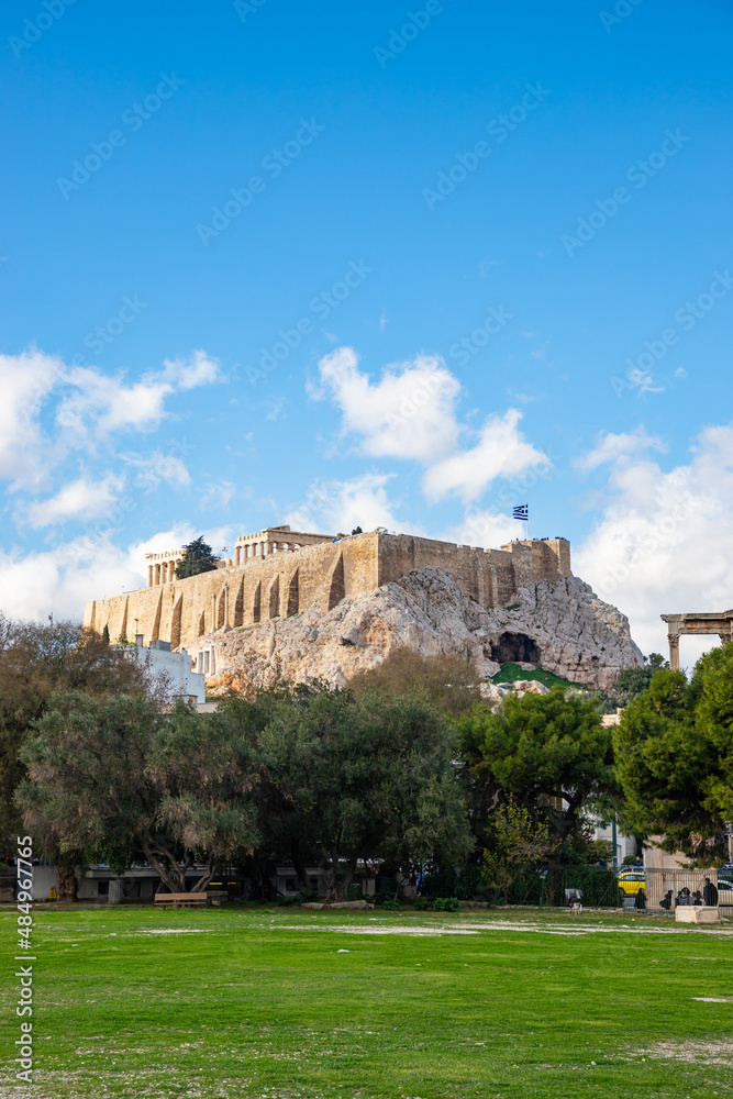 View to Acropolis and Triumphal Arch of Hadrian from Temple of Olympian Zeus in Athens, Greece