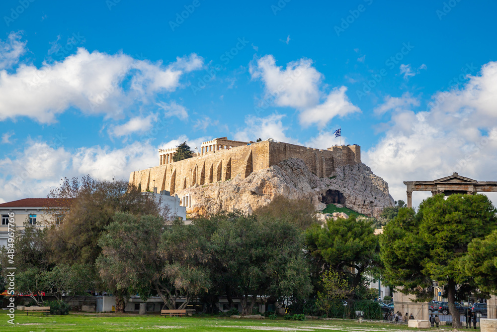View to Acropolis and Triumphal Arch of Hadrian from Temple of Olympian Zeus in Athens, Greece