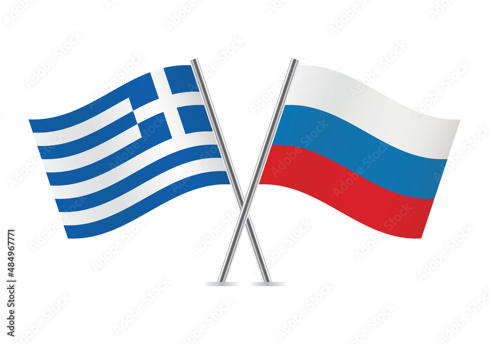 Greece and Russia crossed flags. Greek and Russian flags, isolated on white background. Vector icon set. Vector illustration. Greece and Russia crossed flags. Greek and Russian flags, isolated on white background. Vector icon set. Vector illustration.