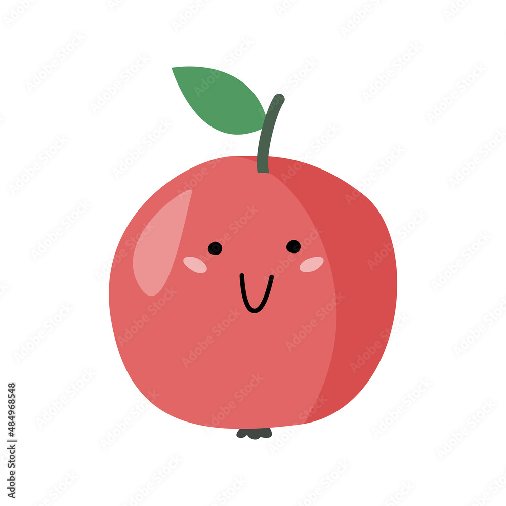 Fototapeta premium Simple cute apple with smile illustration. Minimal flat style fruit isolated on white background.