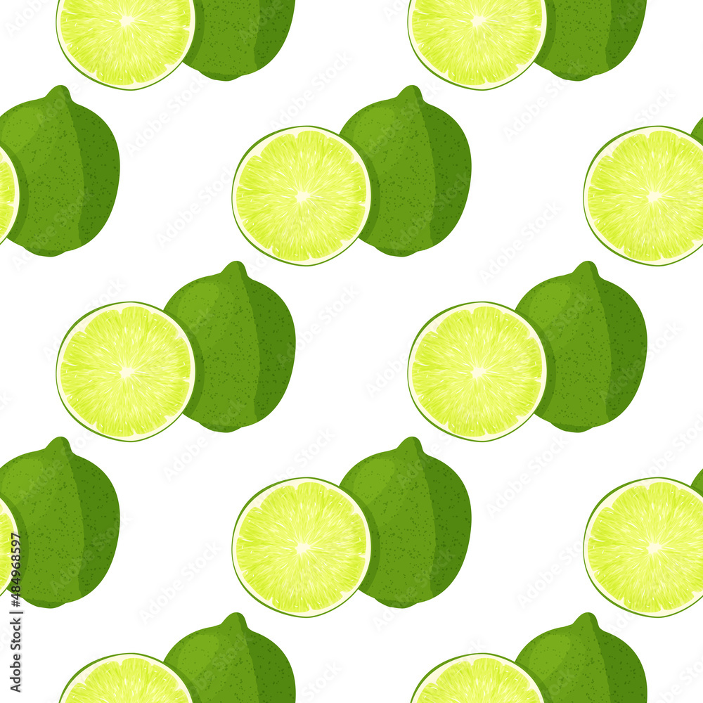 Whole lime and sliced lime with juicy splashes seamless pattern. Realistic vector illustration. Bright food background.