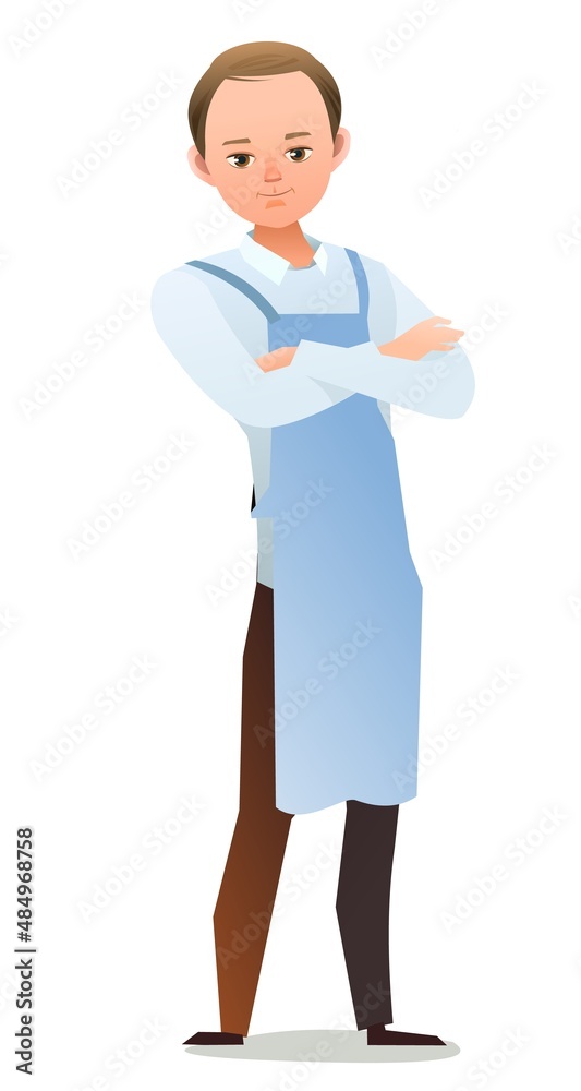 Little boy craftsman or artist. Teen in apron. Master in workwear. Cheerful person. Standing pose. Cartoon comic style flat design. Single character. Illustration isolated on white background. Vector Little boy craftsman or artist. Teen in apron. Master in workwear. Cheerful person. Standing pose. Cartoon comic style flat design. Single character. Illustration isolated on white background. Vector