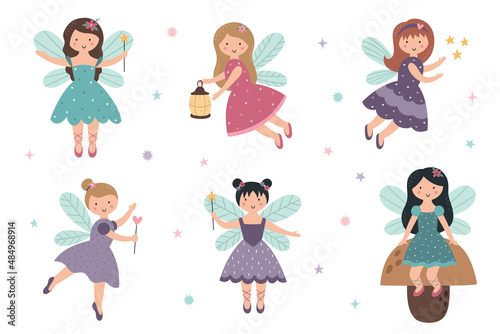 A collection of cute little fairies. Cartoon magic characters with a magic wand and wings. Vector fairy-tale illustration for T-shirt print, poster, invitation, postcard, nursery decor, stickers