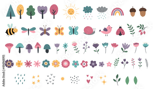 A collection of cute natural elements. Cartoon hand-drawn flowers, butterflies, plants, mushrooms. Vector illustration for T-shirt print, poster, invitation, postcard, nursery decor