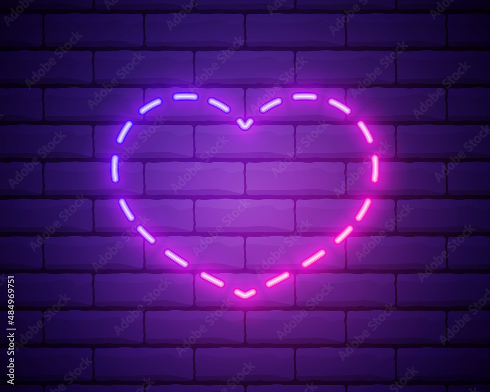 Neon heart. Bright night neon signboard on brick wall background with backlight. Retro pink neon heart sign. Design element for Happy Valentines Day. Night light advertising. Vector illustration.
