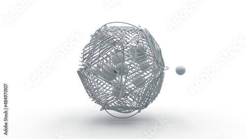 3d rendering of a multitude of spheres, droplets in space surrounded by a randomly arranged grid, spiral. abstract image for backgrounds.