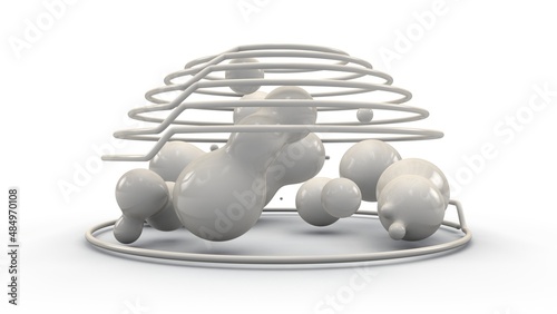 3d rendering of a multitude of spheres, droplets in space surrounded by a randomly arranged grid, spiral. abstract image for backgrounds.