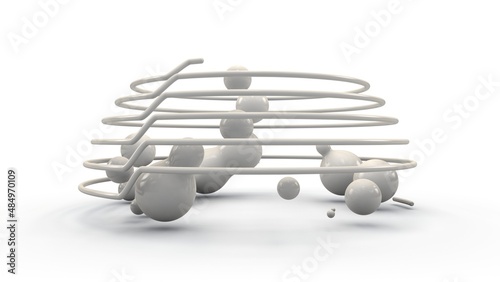 3d rendering of a multitude of spheres, droplets in space surrounded by a randomly arranged grid, spiral. abstract image for backgrounds.