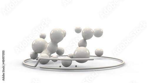 3d rendering of a multitude of spheres, droplets in space surrounded by a randomly arranged grid, spiral. abstract image for backgrounds.