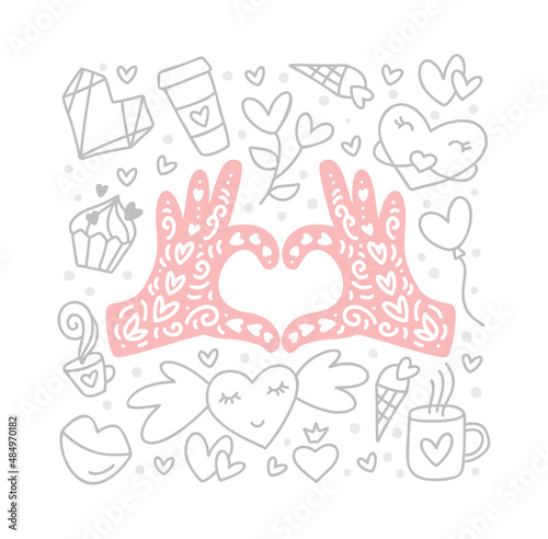 Valentines day vintage doodle vector elements and hands in form of heart in center. Hand drawn love poster, diamond, envelope, cake, cup. Romantic illustration quote greeting card