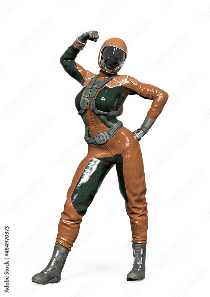 cosmonaut girl is celebrating on white background cosmonaut girl is celebrating on white background