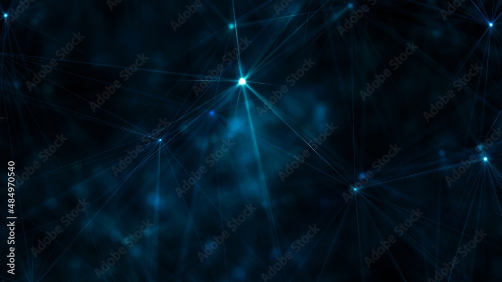 Abstract Blue Plexus Stars Triangle Shape Pattern 3D Illustration on Black Background. Concept web banner for technology, internet communications, and artificial intelligence blockchain technology.