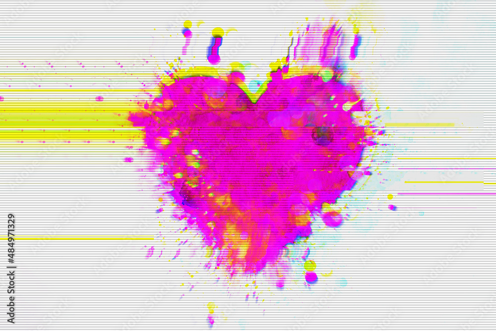 Interlaced pink heart icon with digital glitch and distortion effect on on white background. Futuristic dating app, love, Valentines day card design. Retro summer 80s disco, 90s rave music aesthetic