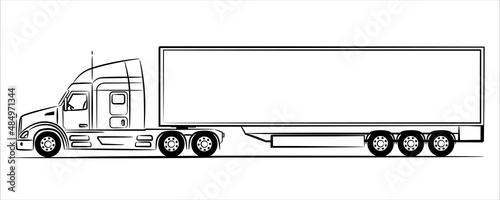 America semi trailer truck abstract silhouette on white background. A hand drawn line art of a trailer truck car. Flat illustration view from side.	
