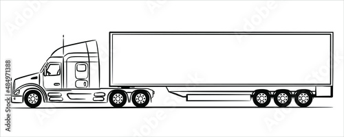 America semi trailer truck abstract silhouette on white background.  A hand drawn line art of a trailer truck car. Vector illustration view from side.