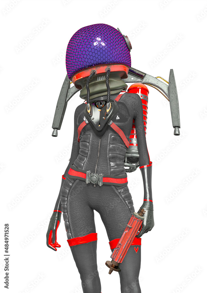 alien girl astronaut is holding and standing up