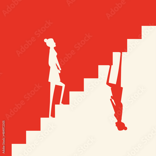 A woman goes up and down the stairs, abstraction. Vector