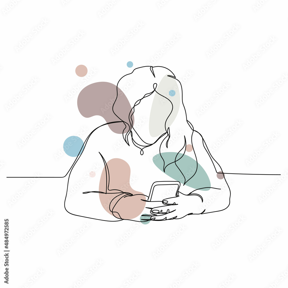 Continuous one simple single abstract line drawing of woman typing message on mobile phone icon in silhouette on a white background. Linear stylized. Continuous one simple single abstract line drawing of woman typing message on mobile phone icon in silhouette on a white background. Linear stylized.