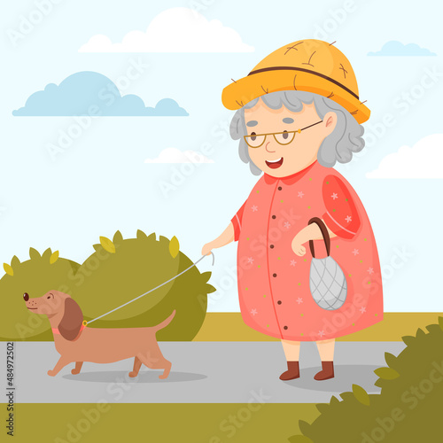 Cute happy granny on a walk in the park with a dog on a sunny day.Vector cartoon illustration.