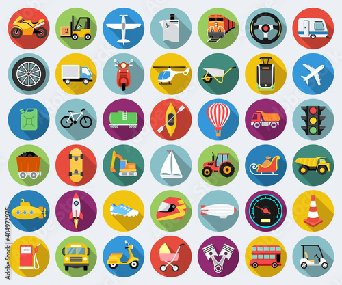 Set of transport icons in flat design with long shadows
