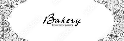 Trendy Vector horizontal background for bakery or cafe.Illustrations of buns bread baguette and other pastries for packaging labels or signage.Line Art of food for banner  flyer or menu.Lettering
