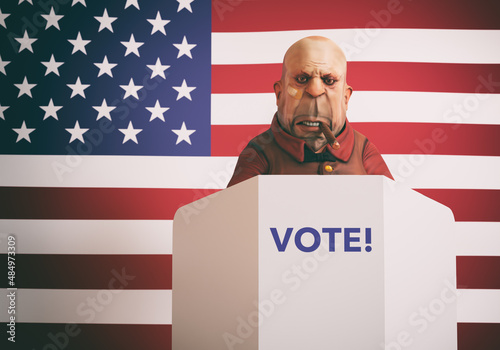 Mobster with cigar at vote booth with american flag in background, election concept, 3D render photo