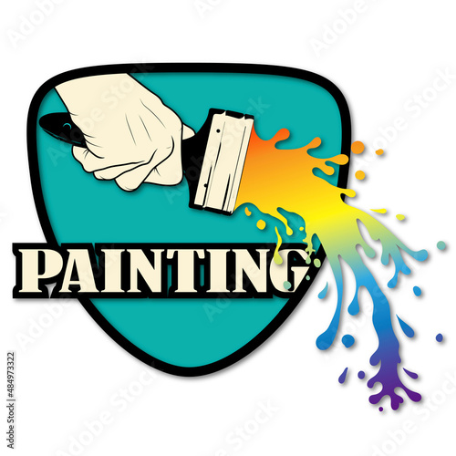 Painter brush in hand. Splashes and drops of colored paint. Symbol for painting and updating