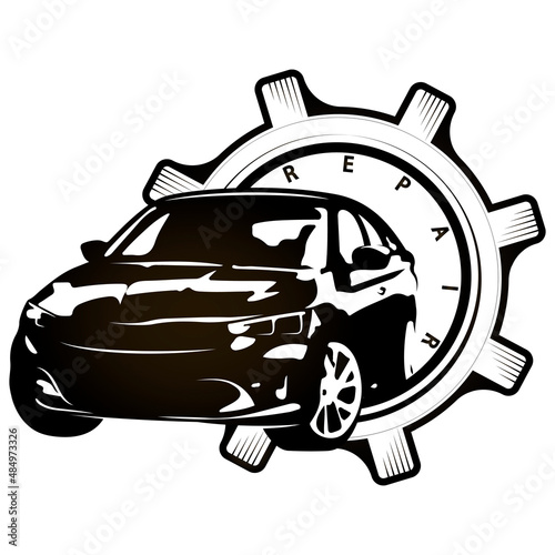 Car repair and service. Metal gear and car silhouette. Symbol for car workshop and car service