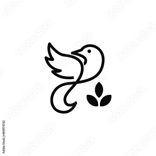 Abstract flying bird logo with leaves. Outline bird silhouette logo
