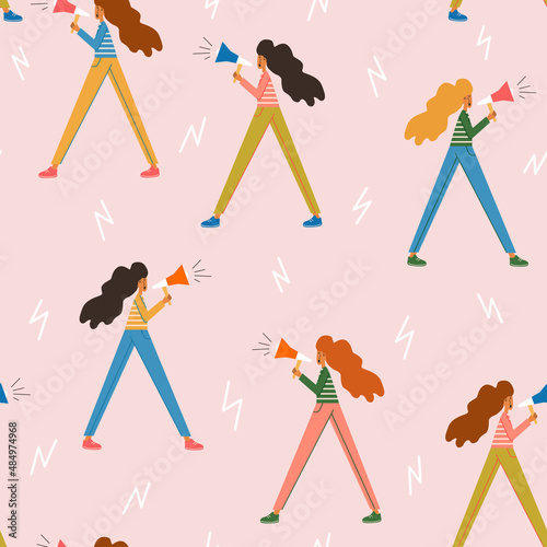 The girls scream loudly. Seamless bright color pattern with a girl screaming into a bullhorn.