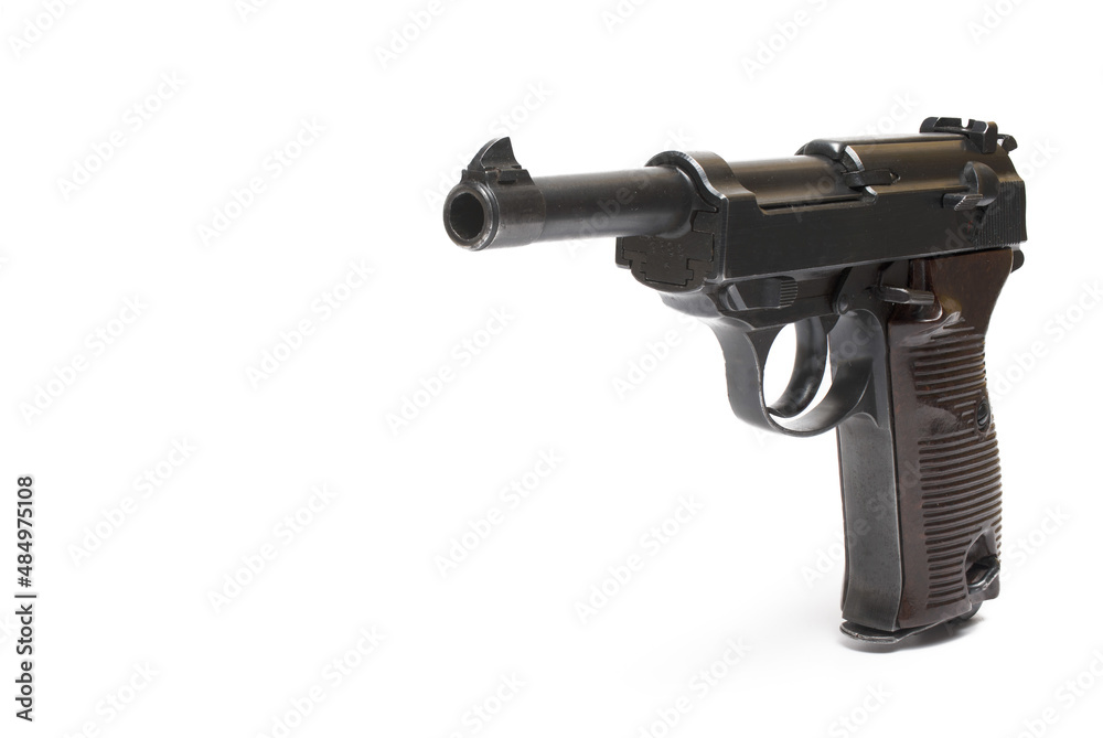 semi-automatic wooden grip pistol white background