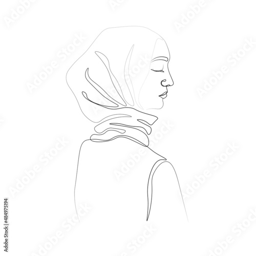Continuous line driving of a Muslim woman's facial profile sen from the side. Vector illustration isolated on white background, line art.