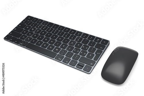 Modern black aluminum computer keyboard and mouse isolated on white background.
