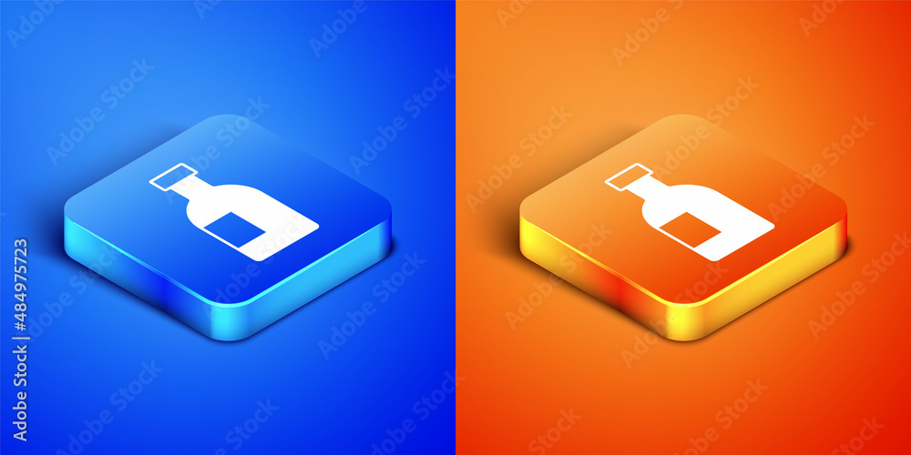 Isometric Glass bottle of vodka icon isolated on blue and orange background. Square button. Vector Isometric Glass bottle of vodka icon isolated on blue and orange background. Square button. Vector