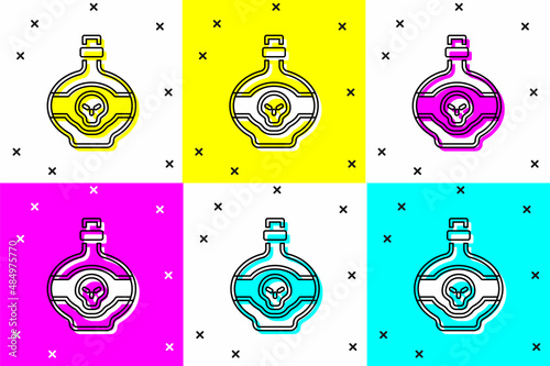 Set Poison in bottle icon isolated on color background. Bottle of poison or poisonous chemical toxin. Vector
