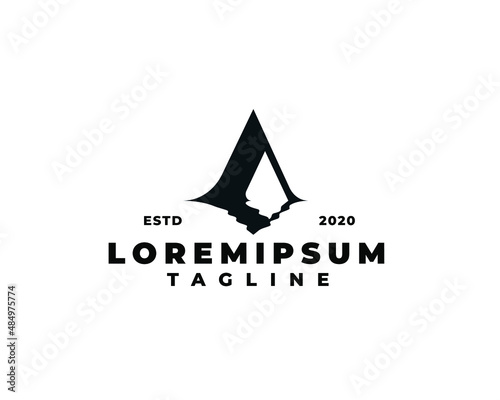 letter a mountain logo. Letter a initial logo. Mountain silhouette with reflection on water