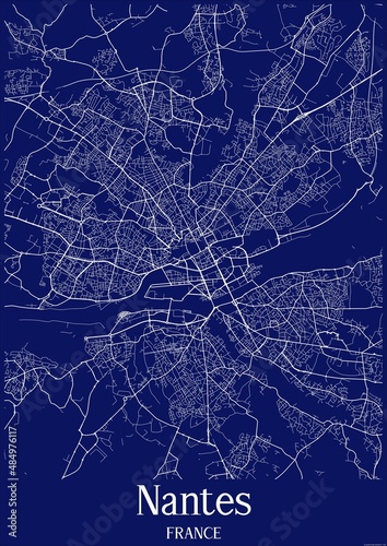 Dark Blue map of Nantes France.