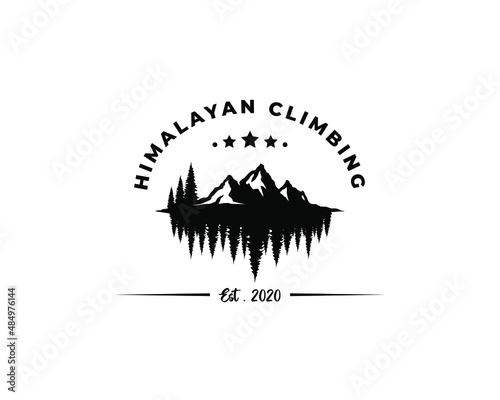 himalaya climbing logo. Himalaya mountain logo. Pine forest silhouette logo