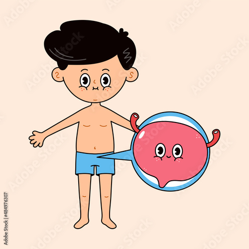 Man with bladder icon in a bubble. Vector hand drawn doodle style traditional cartoon vintage, retro character illustration icon design. Cute boy and bladder mascot character