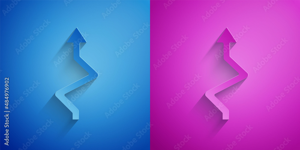 Paper cut Arrow icon isolated on blue and purple background. Direction Arrowhead symbol. Navigation pointer sign. Paper art style. Vector Paper cut Arrow icon isolated on blue and purple background. Direction Arrowhead symbol. Navigation pointer sign. Paper art style. Vector