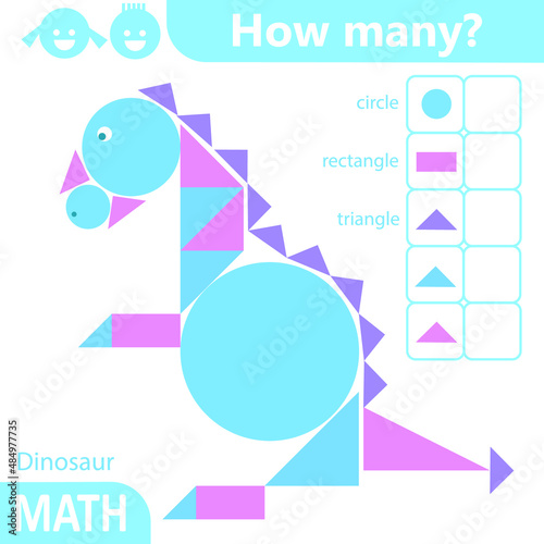 Dinosaur. Counting game for kids. Educational math puzzle. Count how many geometric shapes are in the dinosaur and write the result. Sketch vector illustration