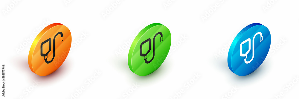 Isometric IV bag icon isolated on white background. Blood bag. Donate blood concept. The concept of treatment and therapy, chemotherapy. Circle button. Vector Isometric IV bag icon isolated on white background. Blood bag. Donate blood concept. The concept of treatment and therapy, chemotherapy. Circle button. Vector